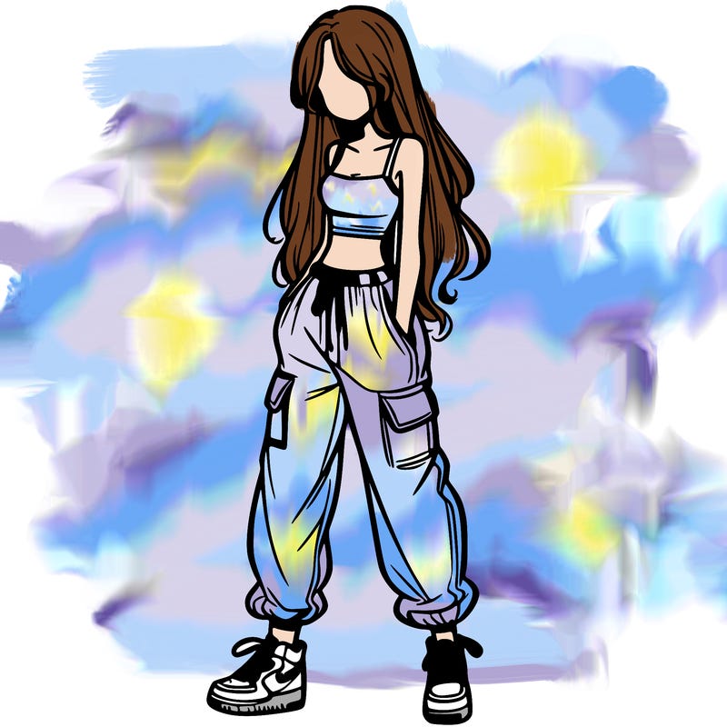 girl in baggy pants crop top and long hair