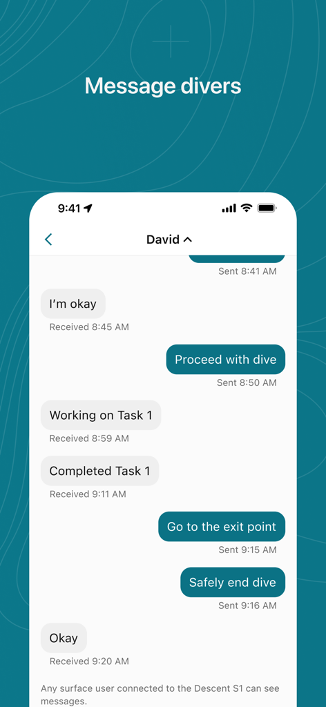 Garmin Dive app interface showing real-time messaging between a surface user and a diver with status updates like Proceed with dive and Safely end dive.