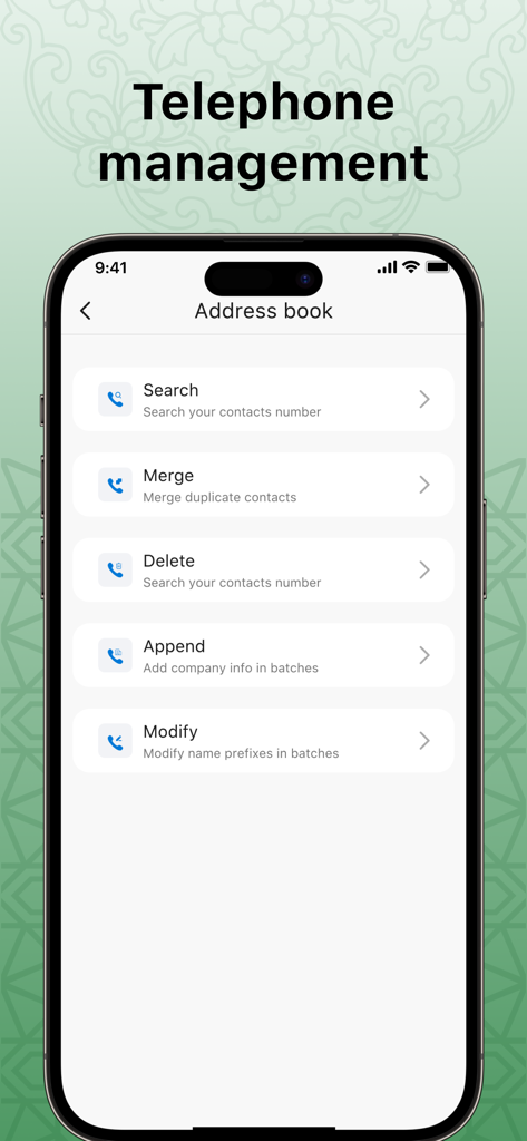 Address book management screen in Number Book app featuring options to search, merge, delete, and modify contacts.