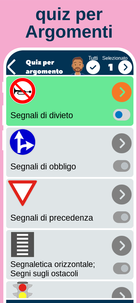 Quiz Patente B - Drivoo - A mobile app screen showing a list of Italian driving license quiz topics including prohibition, mandatory, and priority road signs.