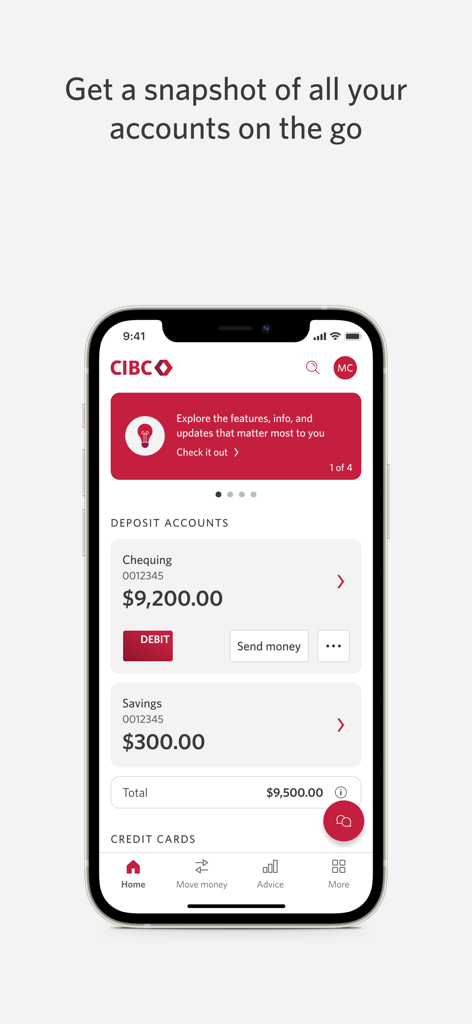 CIBC Mobile Banking app showing a summary of chequing and savings accounts on a smartphone.