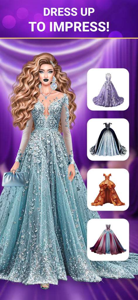 SUITSME: Dress Up Fashion Game - A glamorous model in a sparkly blue gown with a selection of elegant dresses in the SUITSME fashion game