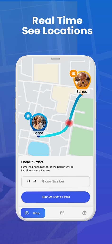 GeoLog app interface showing real-time GPS location tracking on a map between home and school