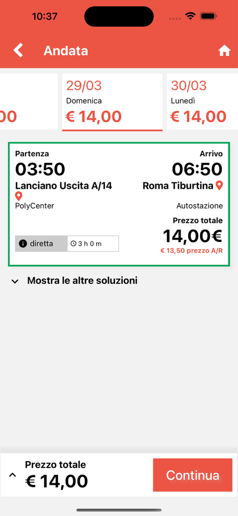 DiCarloBus app screen displaying bus trip details from Lanciano to Rome with price and travel time