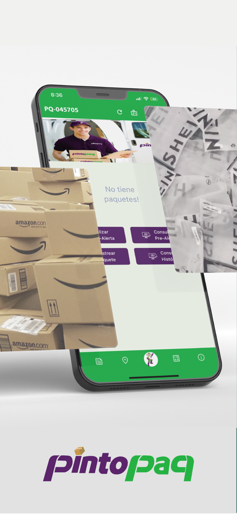 Pintopaq mobile app interface displaying package tracking features alongside Amazon and SHEIN shipping packages