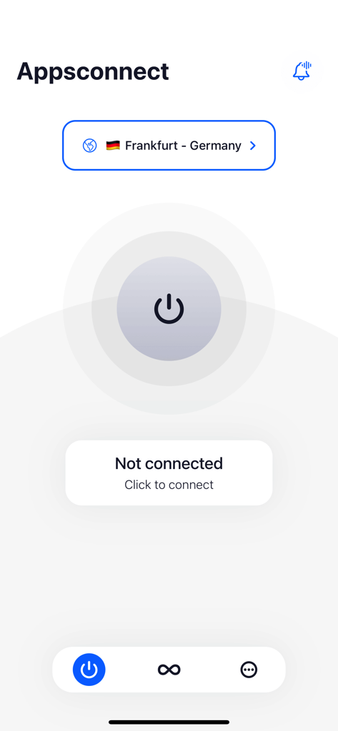 Interface principal do Apps Connect mostrando um grande botão de conectar e um servidor selecionado em Frankfurt, Alemanha
