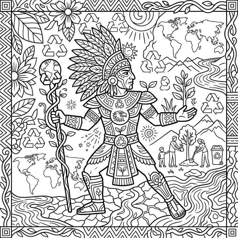 Unite ancient Aztec power with modern environmental awareness in this captivating coloring page featuring Huitzilopochtli. Celebrate Earth Day by bringing vibrant life to this unique blend of mythology and eco-friendly themes.