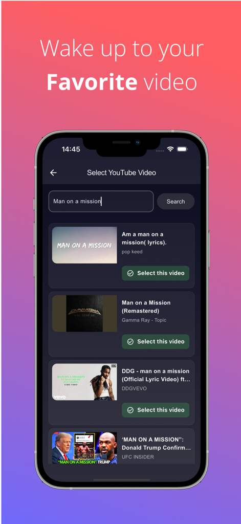 VividAlarm – Video Alarm Clock - Interfaz de la aplicación VividAlarm mostrando una lista de resultados de búsqueda de YouTube para seleccionar una alarma de video