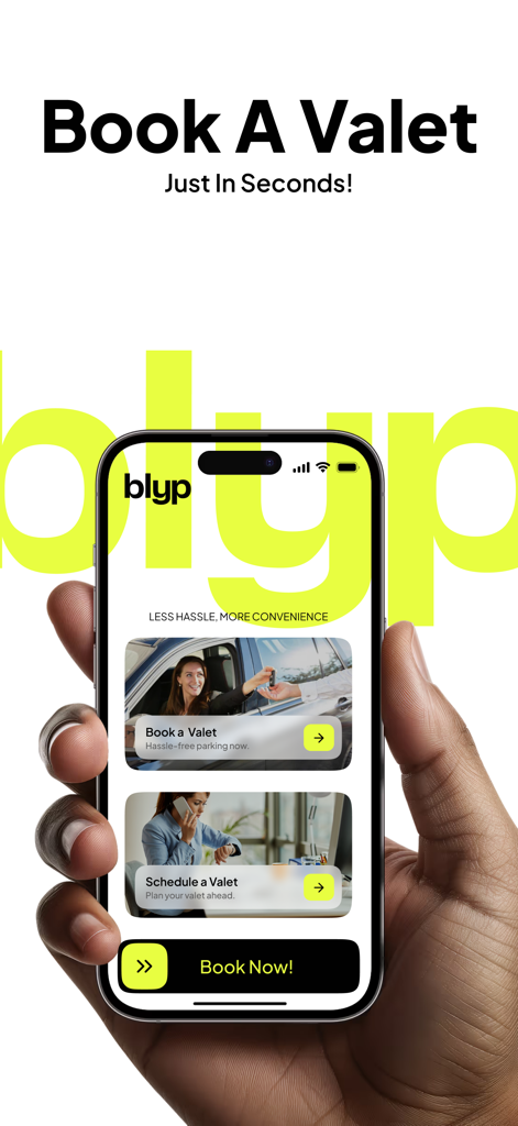 Blyp-App - Blypアプリのホーム画面を表示するスマートフォン。バレーサービスの予約またはスケジュール設定のオプションが表示されています。