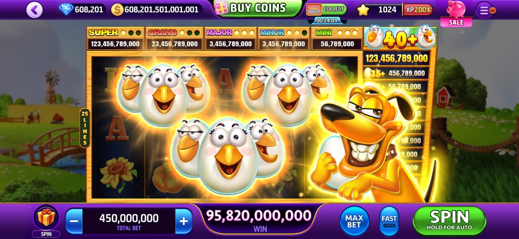 Cash Carnival - Casino Slots - A big win screen on a farm themed slot machine in the Cash Carnival app featuring cartoon eggs and a dog