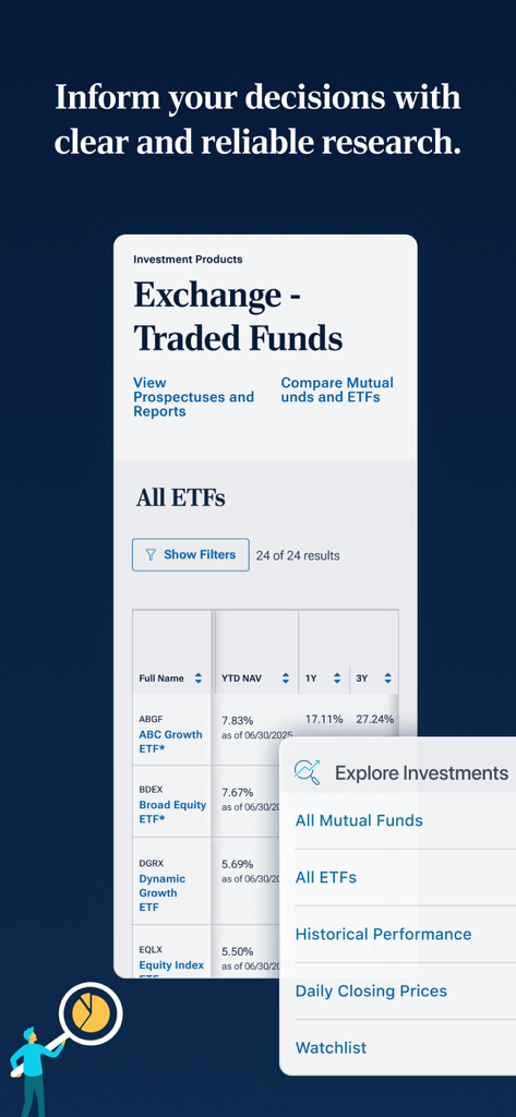 T. Rowe Price Personal® - A mobile app screen showing a list of Exchange Traded Funds with performance data and a menu to explore various investment options