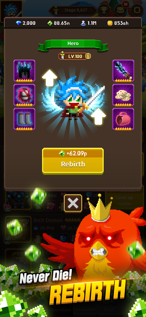 Pixel art character rebirth screen showing a level 100 hero with equipped gear and gems in Videogame Guardians.