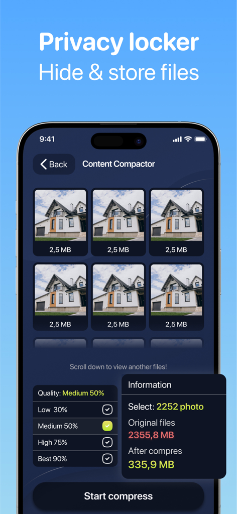 NebulaSpeed - Stellar Cleanup - NebulaSpeed app interface showing the content compactor tool for compressing photos to save storage space