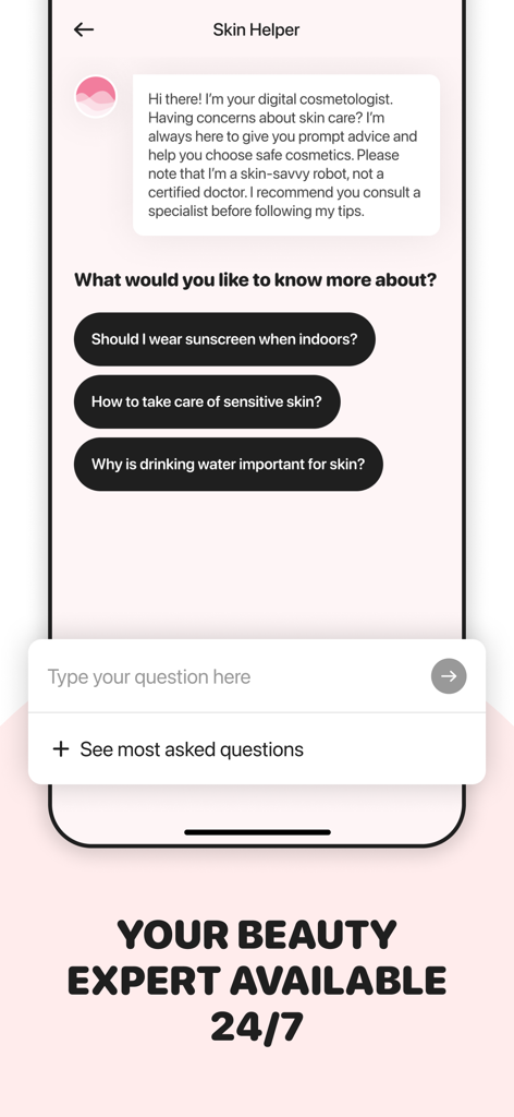 Routinely: Skincare Assistant - A mobile interface of the Routinely app showing the Skin Helper AI chatbot with suggested skincare questions and a 24/7 digital beauty expert service.