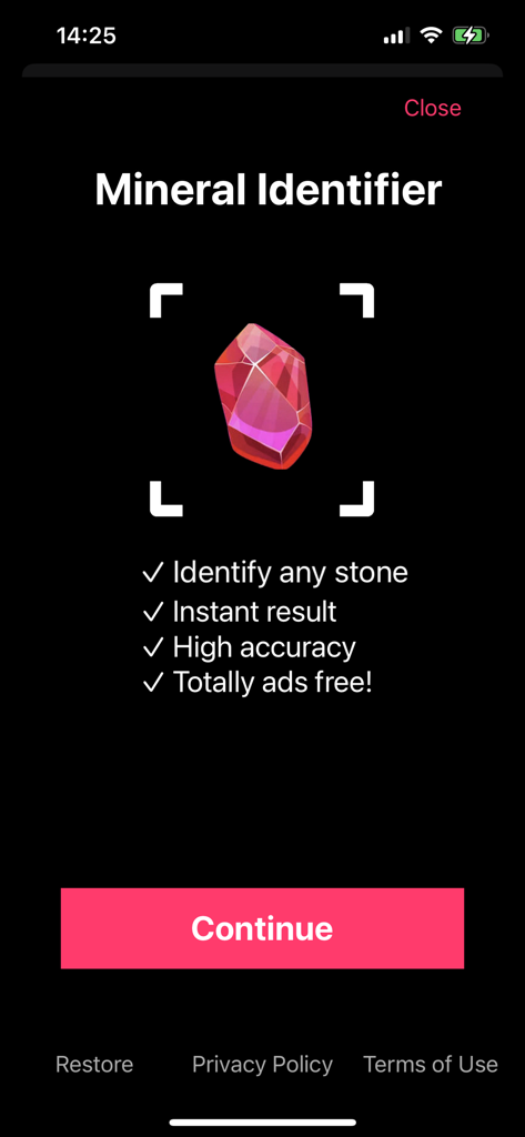Mineral Identifier: Crystal ID - Mobile app onboarding screen for Mineral Identifier Crystal ID featuring a red crystal scan and key features list