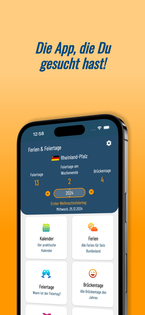 Tableau de bord de l'application de planification de vacances et de jours fériés allemands montrant les statistiques de vacances pour la Rhénanie-Palatinat.