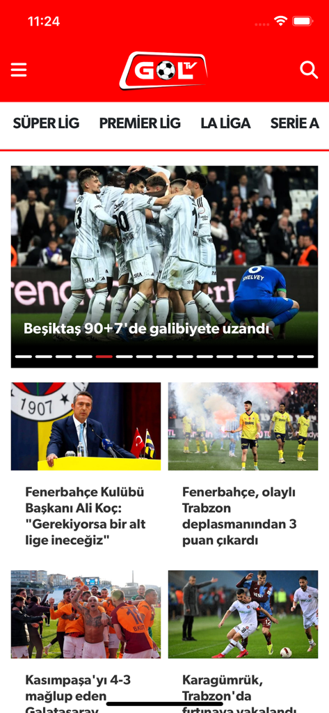 Gol TV - Gol TVモバイルアプリのホーム画面。トルコサッカーニュースの見出しやスュペル・リグ、プレミア・リグなどのリーグカテゴリーを表示
