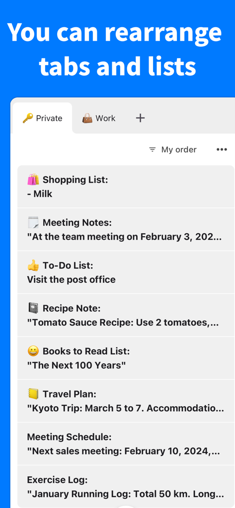Simple Notes - Take notes - Interface of Simple Notes app showing organized tabs for Private and Work notes with a list of memos including shopping lists and meeting notes.