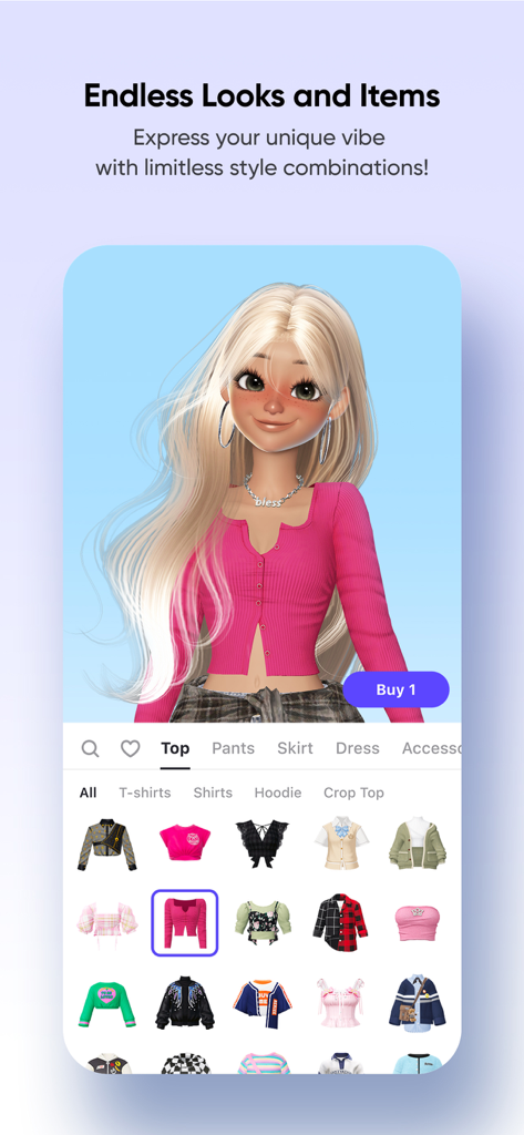 Un avatar 3D dans l'application ZEPETO en cours de personnalisation avec différents hauts de mode provenant d'une boutique virtuelle