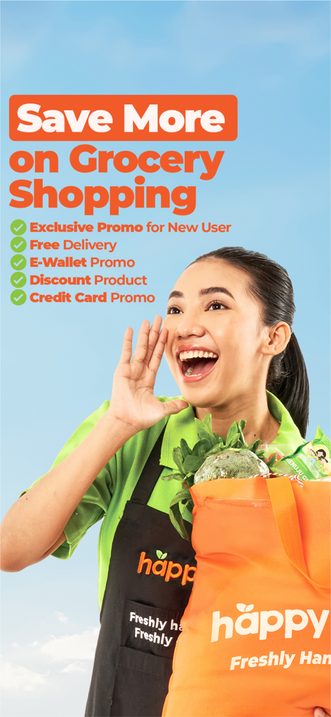 HappyFresh - Grocery Delivery - A happy personal shopper holding a grocery bag with text advertising discounts and free delivery promotions