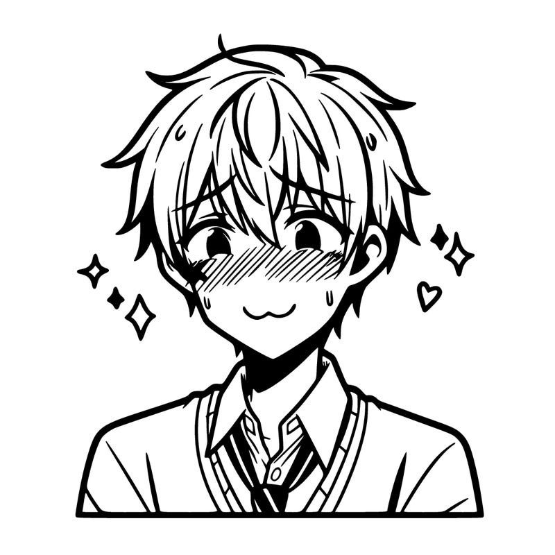 anime boy with short messy blonde hair and a shy smile, blushing