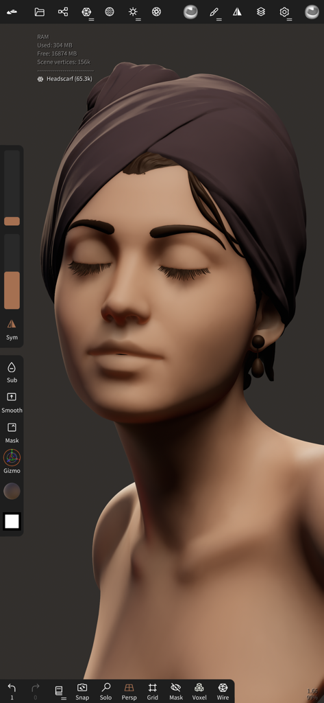 3D character portrait of a woman with a headscarf in Nomad Sculpt interface