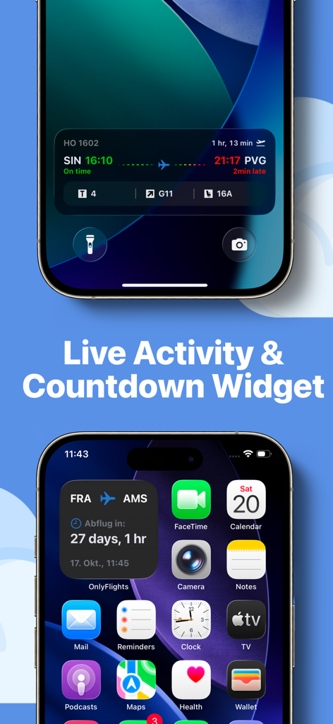 OnlyFlights - Flight Tracker - OnlyFlightsアプリがiPhoneのロック画面にライブフライトアクティビティ、ホーム画面にカウントダウンウィジェットを表示しています