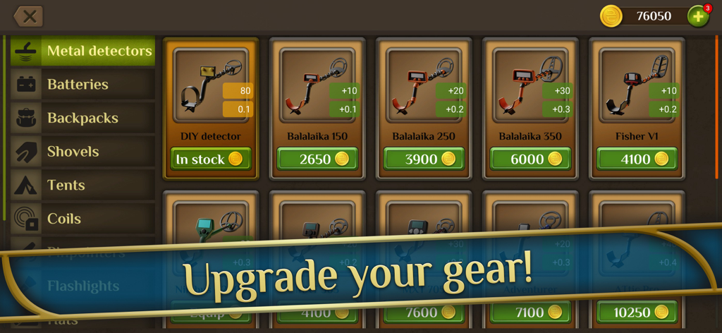Treasure Hunter World - The metal detector upgrade menu in Treasure Hunter World featuring various gear models and equipment costs