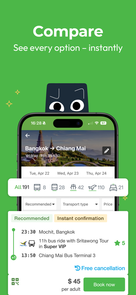 12Go Train Bus Ferry Flight - Interface de l'application mobile 12Go comparant les options de bus, train, ferry et vol pour un voyage de Bangkok à Chiang Mai