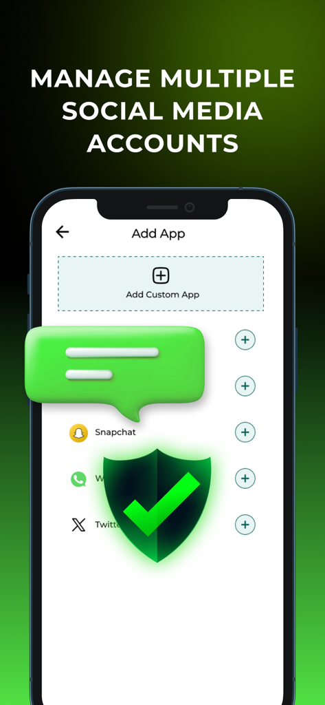 Bitchat PLUS - Bitchat PLUS mobile app interface for managing multiple social media accounts with a security shield icon