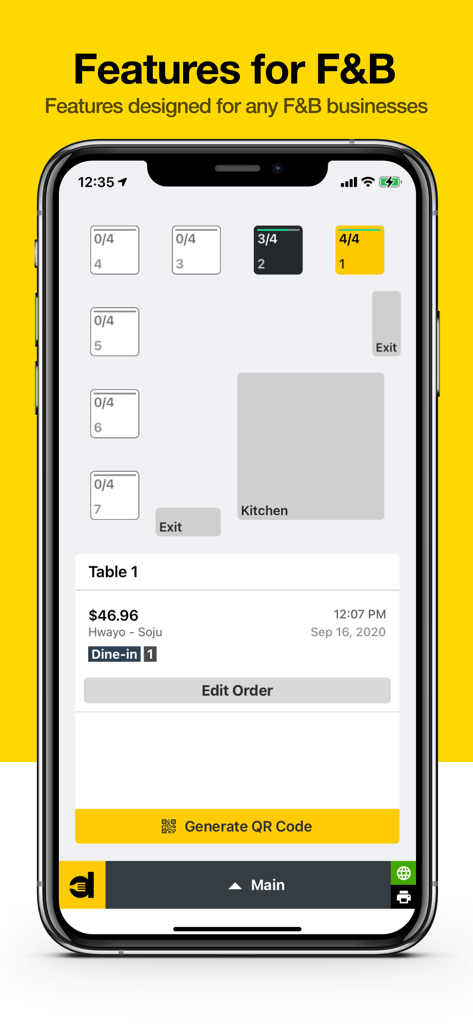 Dinlr Waiter: Restaurant POS - Mobile app screenshot showing restaurant table management and QR code ordering features