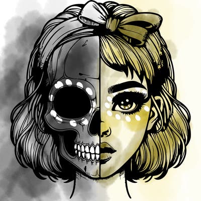 realistic girl with half skull mask