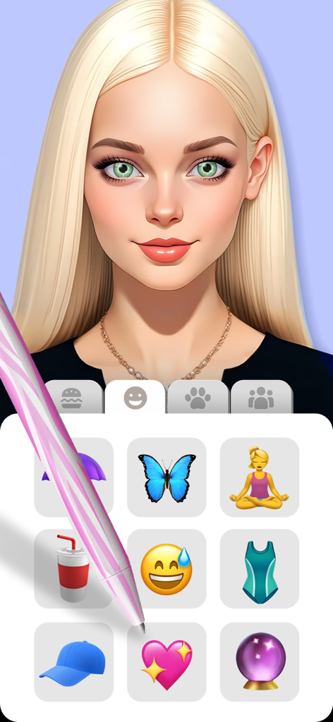 A blonde girl with green eyes in the Eye Color Mix app with an emoji selection menu.
