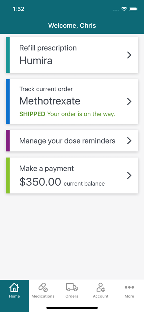 Accredo - Home screen of the Accredo app displaying prescription refills for Humira order tracking for Methotrexate dose reminders and account balance