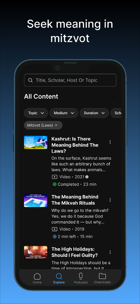 Aleph Beta Torah Videos - Explore screen of the Aleph Beta Torah app showing video lessons on Jewish laws and mitzvot