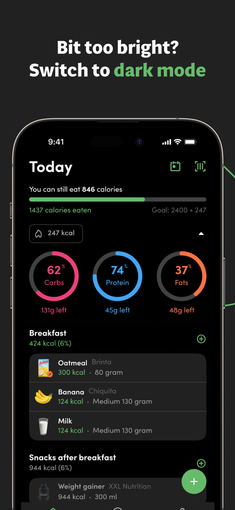 Calories and nutrition tracker - Panel de la aplicación Virtuagym Food en modo oscuro que muestra los objetivos de calorías diarias y el seguimiento de macronutrientes para carbohidratos, proteínas y grasas
