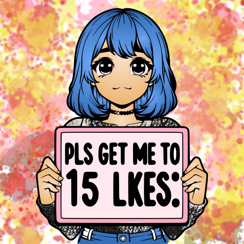 realistic girl holding up a sign that says “pls get me to 15 likes!”