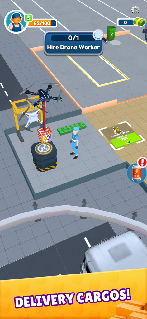 Cargo Boom Game - A character in the Cargo Boom Game standing next to a delivery drone station with a hire drone worker interface