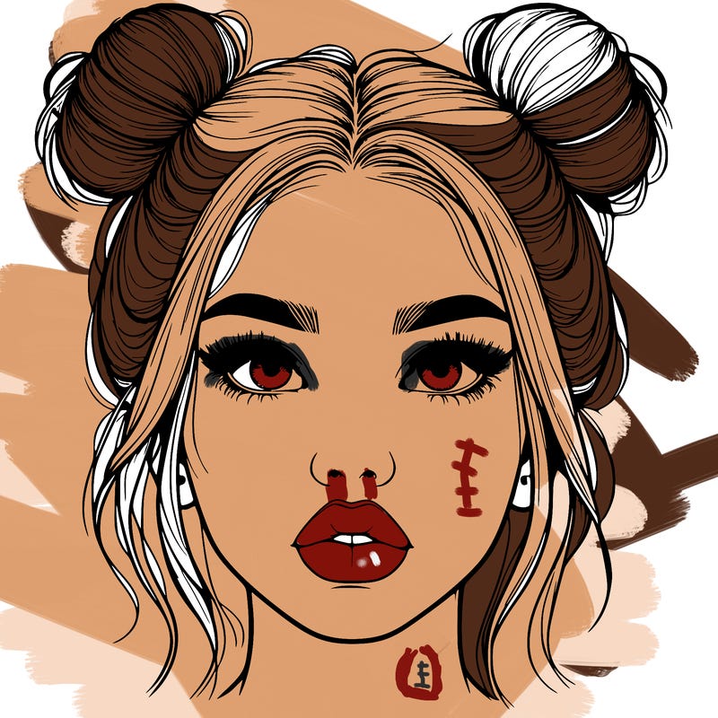 realistic girl with two buns on her hair and lips