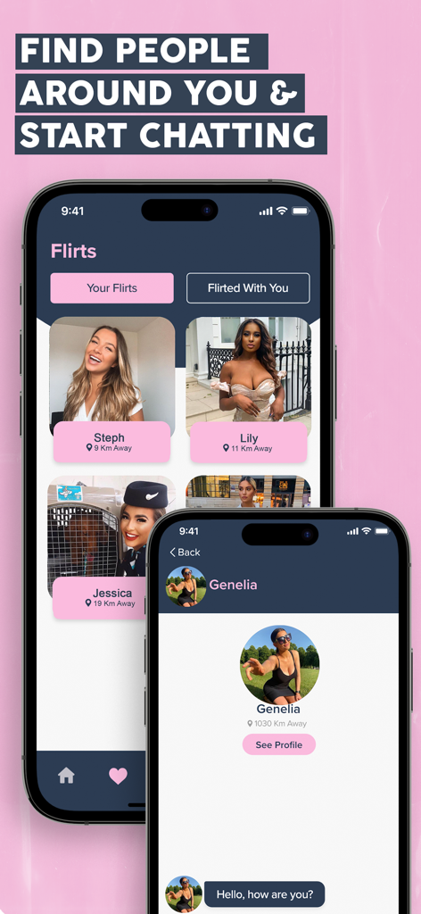 User interface of Love at First Swipe dating app showing profile matches and chat features.