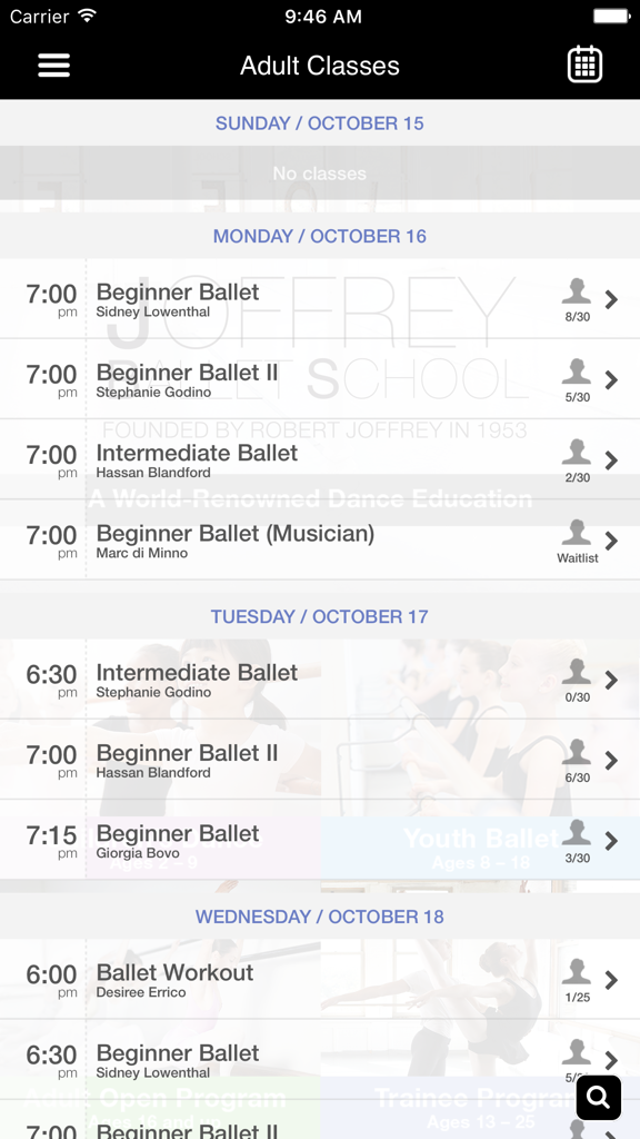 Joffrey Ballet School - Adult dance class schedule on the Joffrey Ballet School mobile app