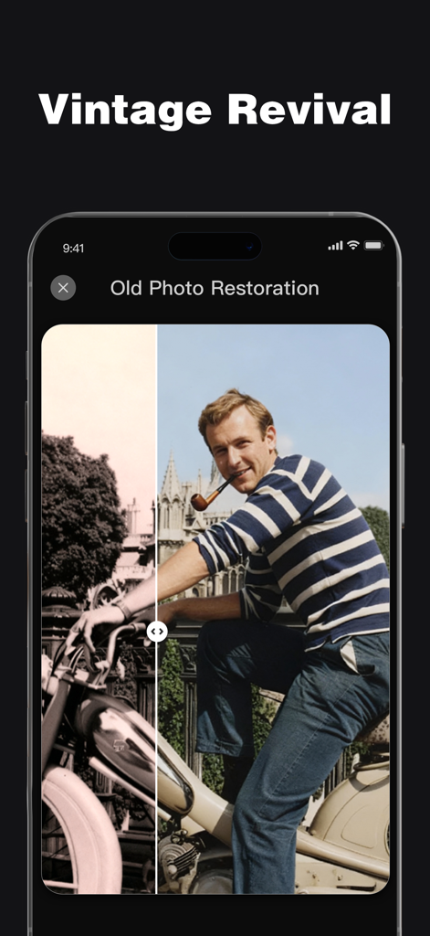 PixMuse: AI Photo Editor - Before and after comparison of an old photo being restored and colorized with PixMuse AI photo editor