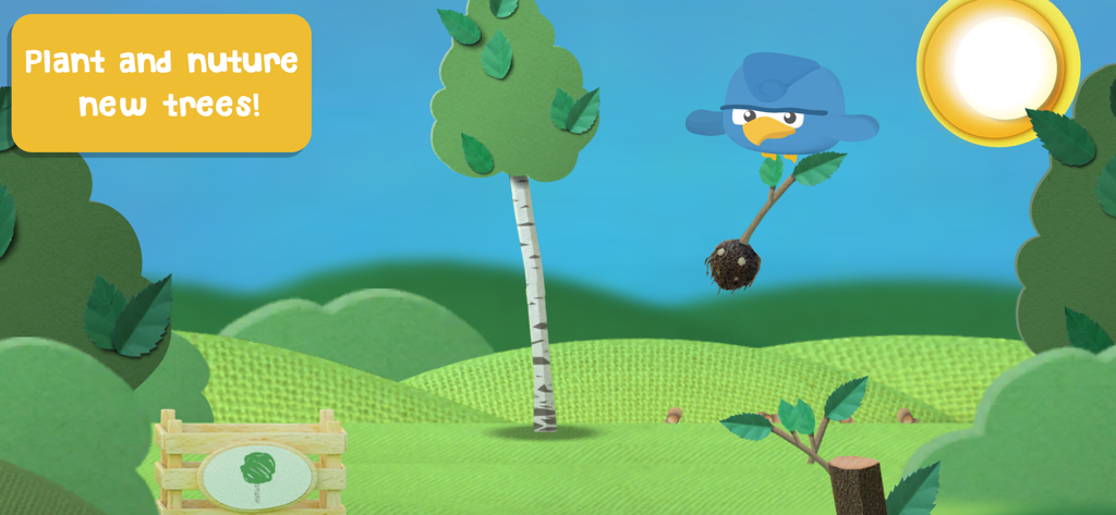 A blue bird carrying a small tree seedling in its beak over a green forest landscape with the text Plant and nurture new trees.