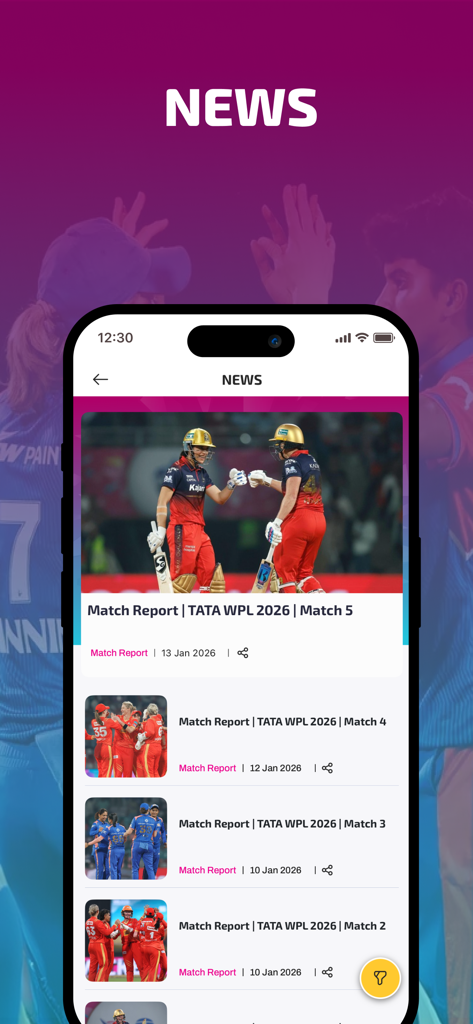 Women's Premier League (WPL) - Interfaz de noticias de la aplicación Womens Premier League con informes de partidos