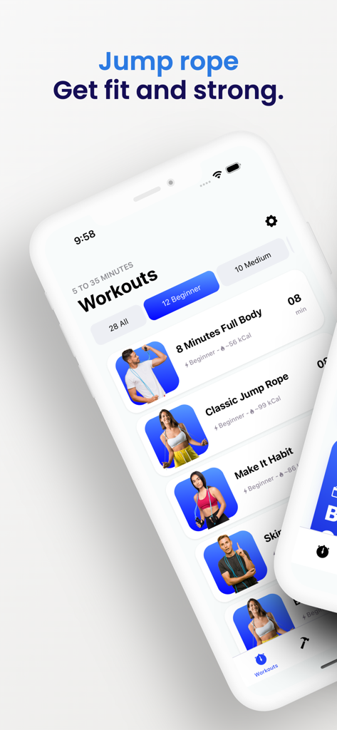 Jump Rope Challenge App - A mobile phone screen displaying the Jump Rope Challenge app workout library with various skipping routines like 8 Minutes Full Body and Classic Jump Rope.