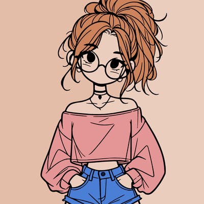 girl with a messy ponytail glasses a baggy crop top and jean shorts