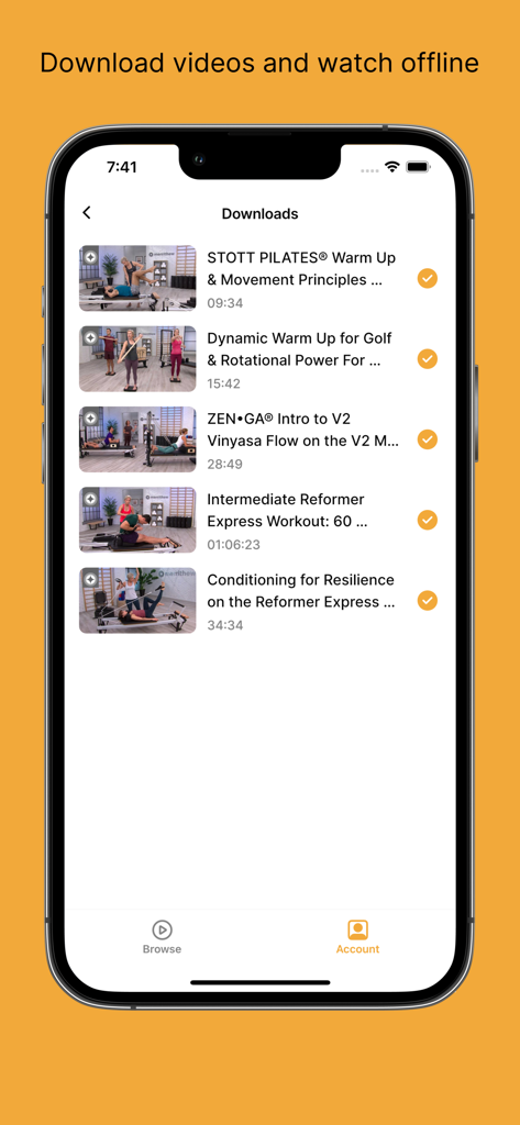 Merrithew Connect™ - iPhone screen displaying the downloads section of the Merrithew Connect app with a list of Pilates and fitness videos for offline viewing