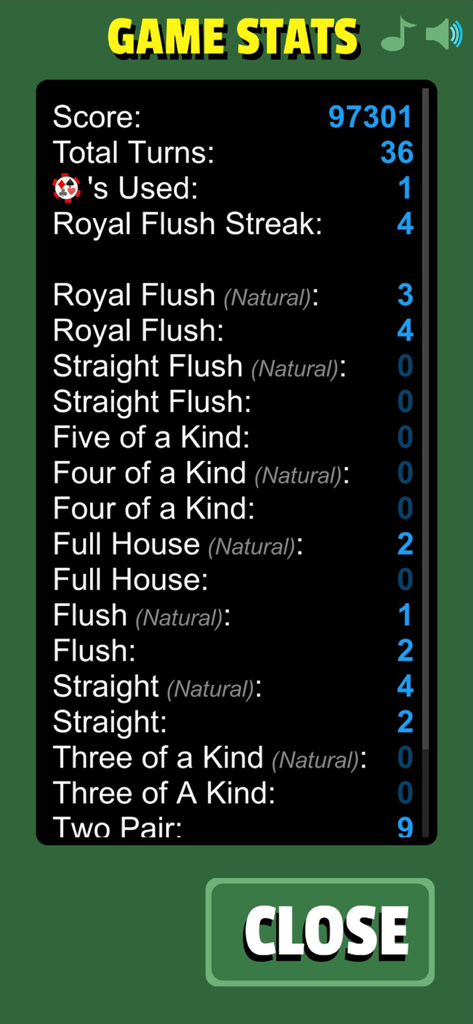 Royal Flush Game - Tela de estatísticas mostrando pontuação, jogadas e contagem de mãos de poker para o Royal Flush Game