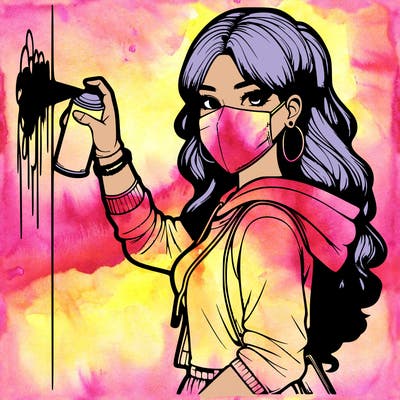 realistic girl with mask spray painting a wall