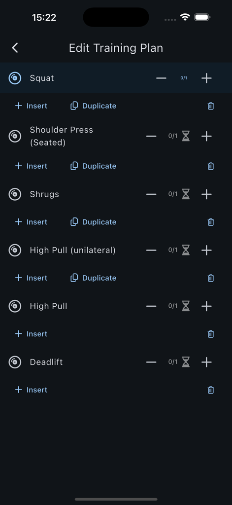 Exxentric 2.0 - Interfaz de la aplicación Exxentric 2.0 para editar un plan de entrenamiento de cadencia con múltiples ejercicios como sentadillas y peso muerto
